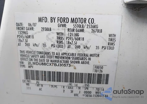 2007 Lincoln Mkx z USA, uszkodzony, nr VIN 2LMDU88CX7BJ30573